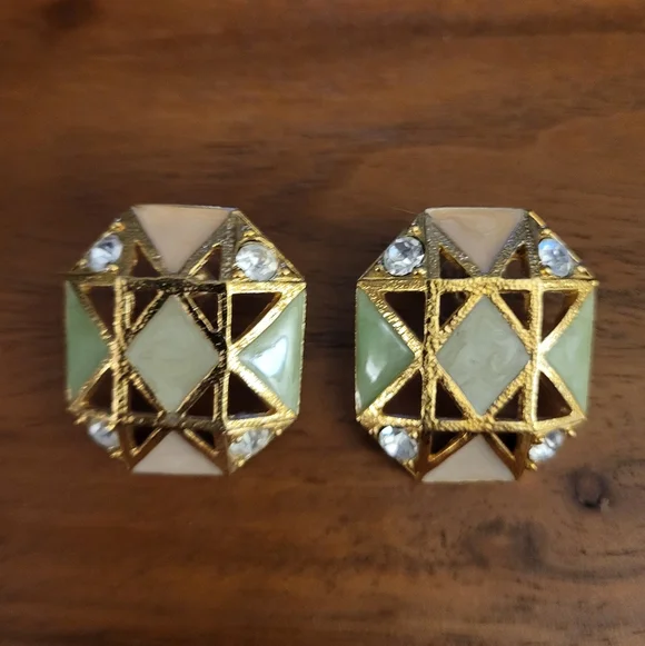 Vintage Avon Octagonal Gold Metal Enamel Statement Earrings 1990s - Picture 1 of 6